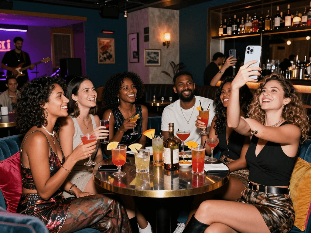 Vibrant nightlife scene showcasing friends enjoying cocktails and socializing, featuring "sluts ai" in a trendy lounge atmosphere.