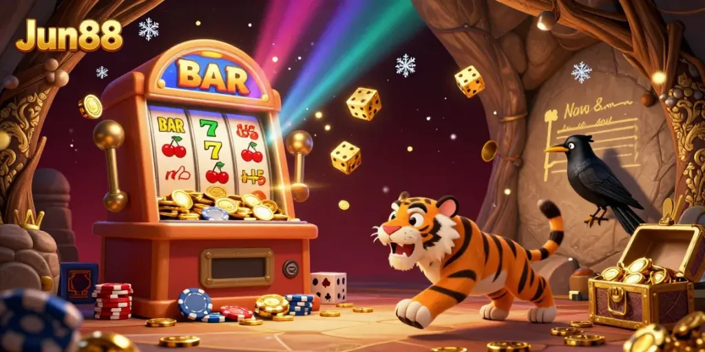 Join Jun88's captivating prehistoric casino adventure with a 3D caveman and his sabertooth partner celebrating a jackpot!