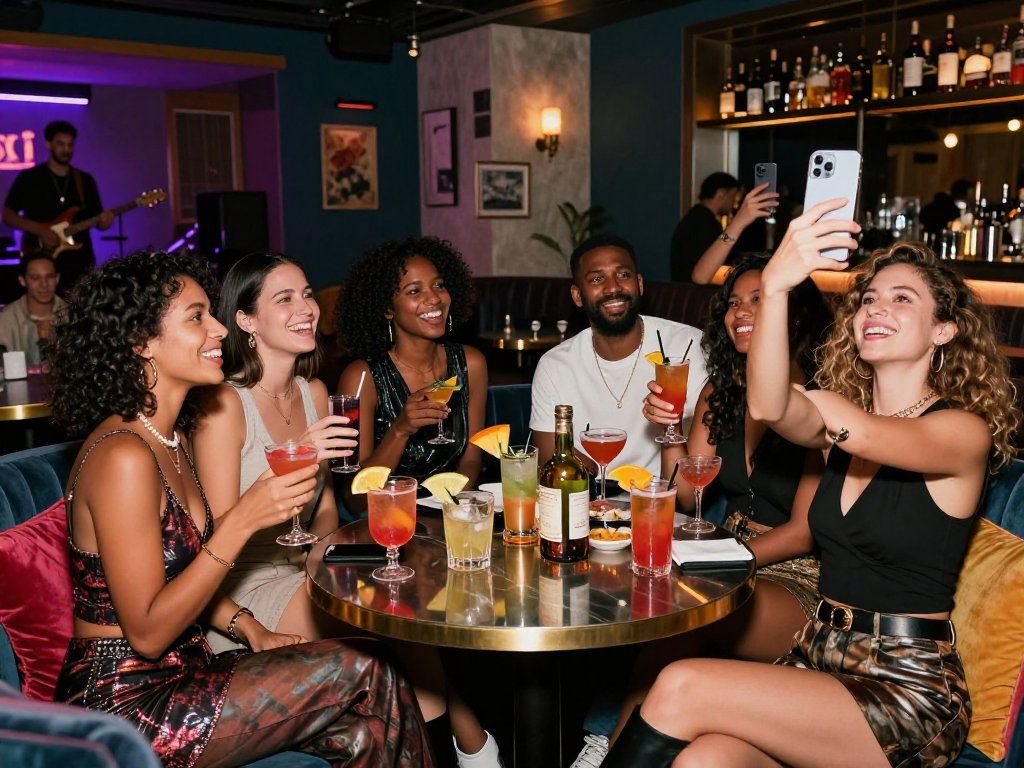 Vibrant nightlife scene showcasing friends enjoying cocktails and socializing, featuring "sluts ai" in a trendy lounge atmosphere.