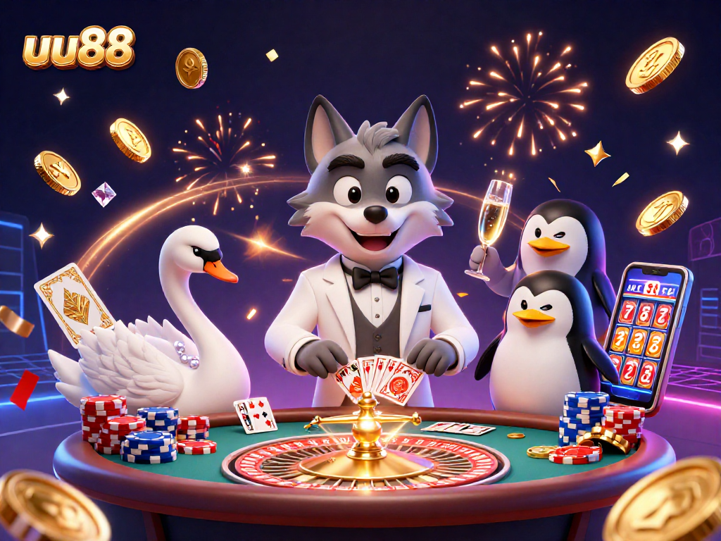 uu88 baccarat scene with a stylish wolf, swan dealer, and penguin sommelier in a vibrant casino.