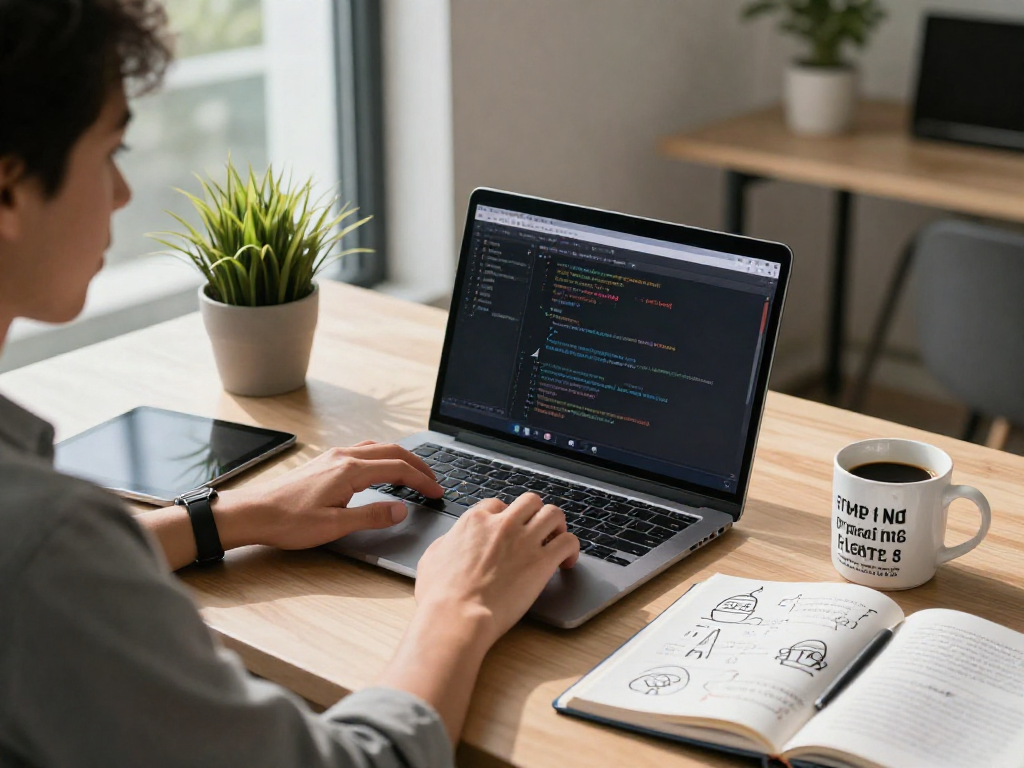 Juicy ai developer working on innovative applications in a modern workspace with vibrant plants and ambient light.