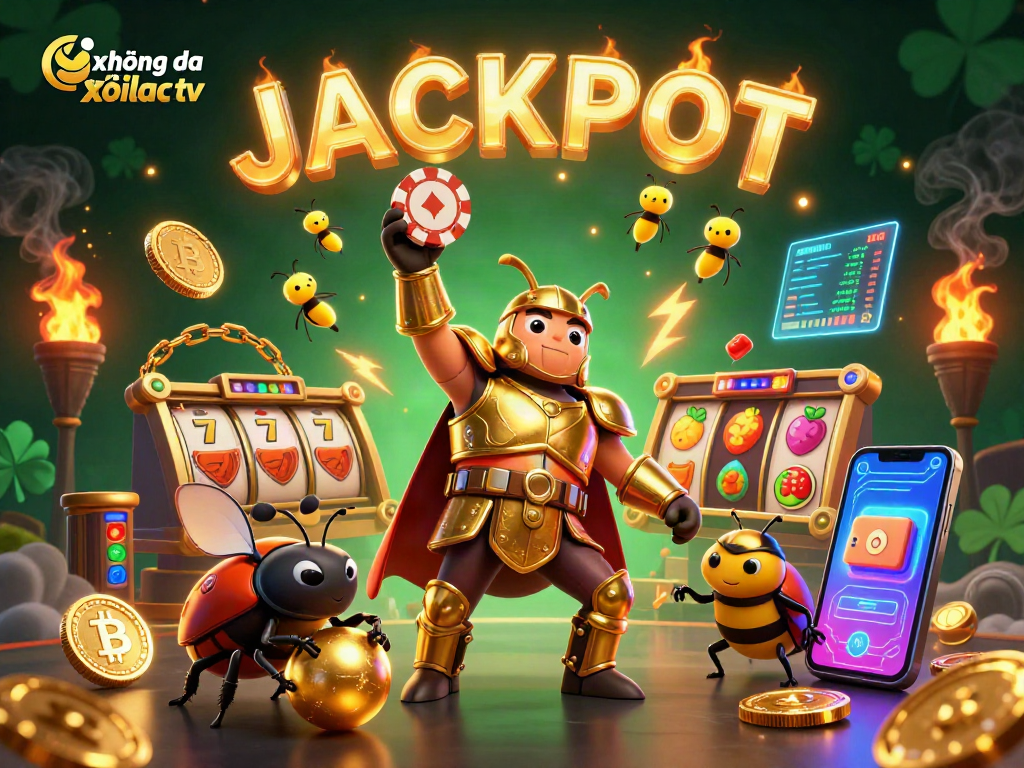 xem bóng đá xoilac tv showcases a victorious beetle lifting a poker chip among vibrant casino elements.