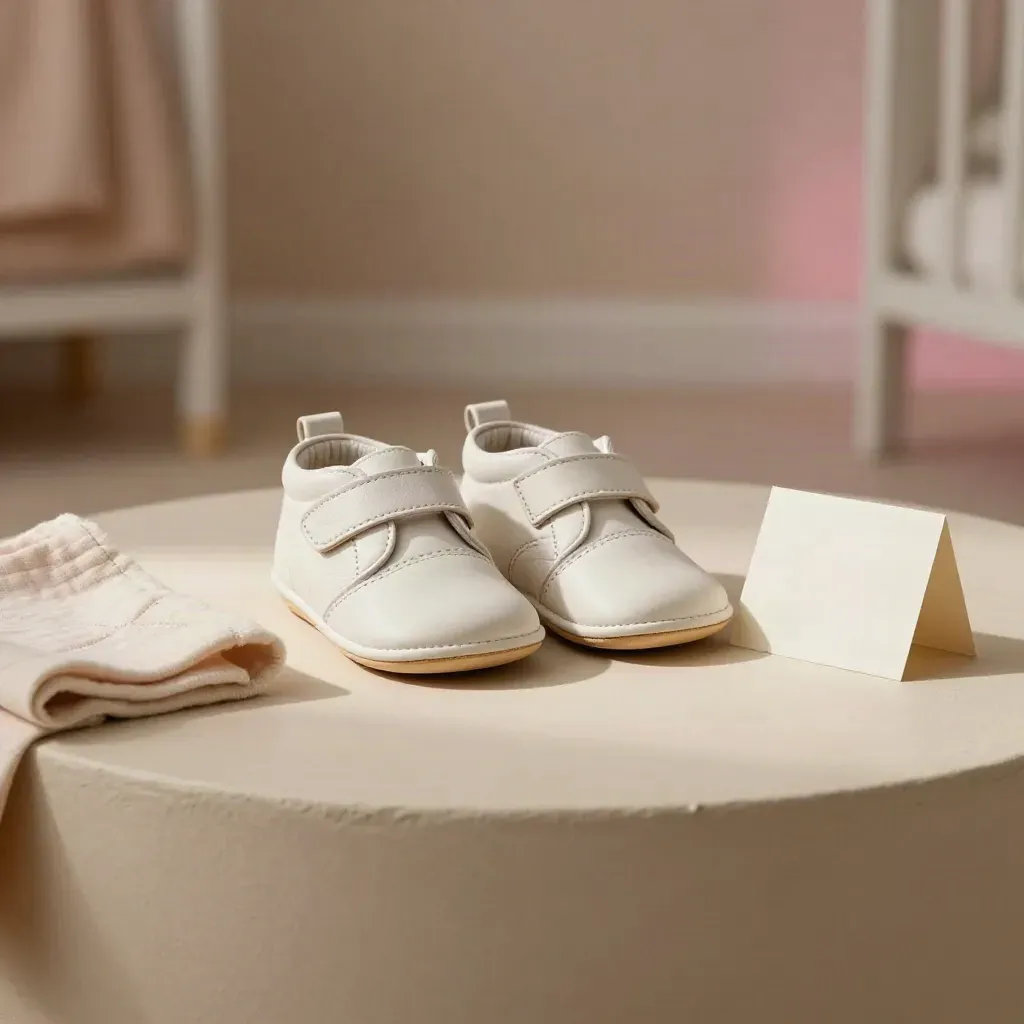 Coppia di scarpine bimbo in pelle chiara su plinto beige con panno rosa cipria sfocato.