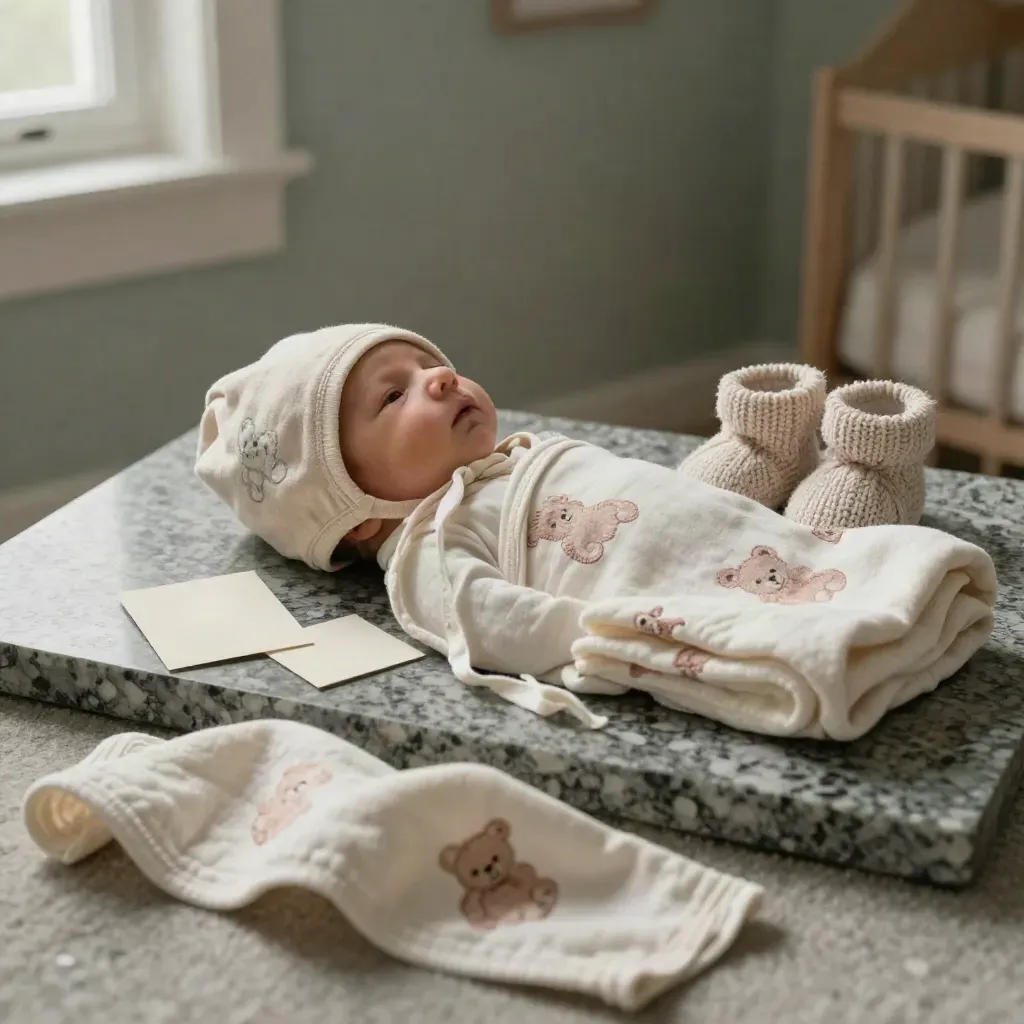 Set neonati orsetto su travertino con muslin, body, bonnet e scarpine.