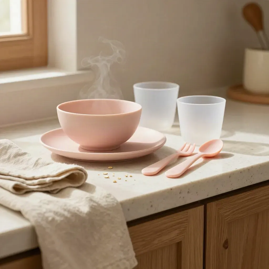 Set pappa rosa con piatto, ciotolina, bicchiere e posate su travertino, luce morbida