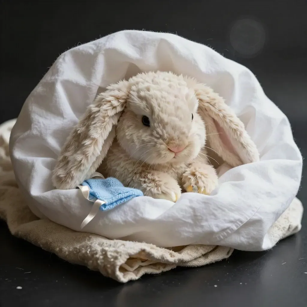 Peluche coniglio crema tra tessuti morbidi su fondo nero, luce soffusa e atmosfera intima