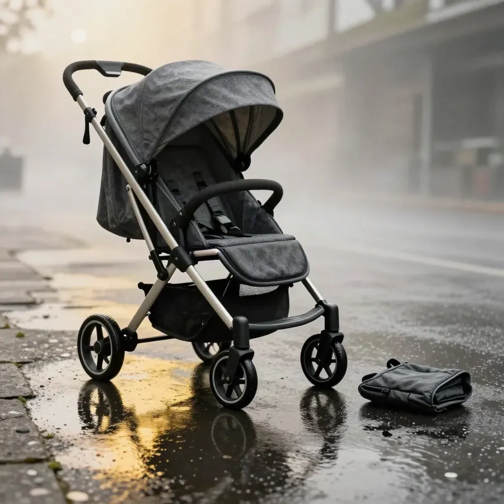 Passeggino pieghevole nero grafite su pietra bagnata, con riflessi lucidi e nebbia di pioggia