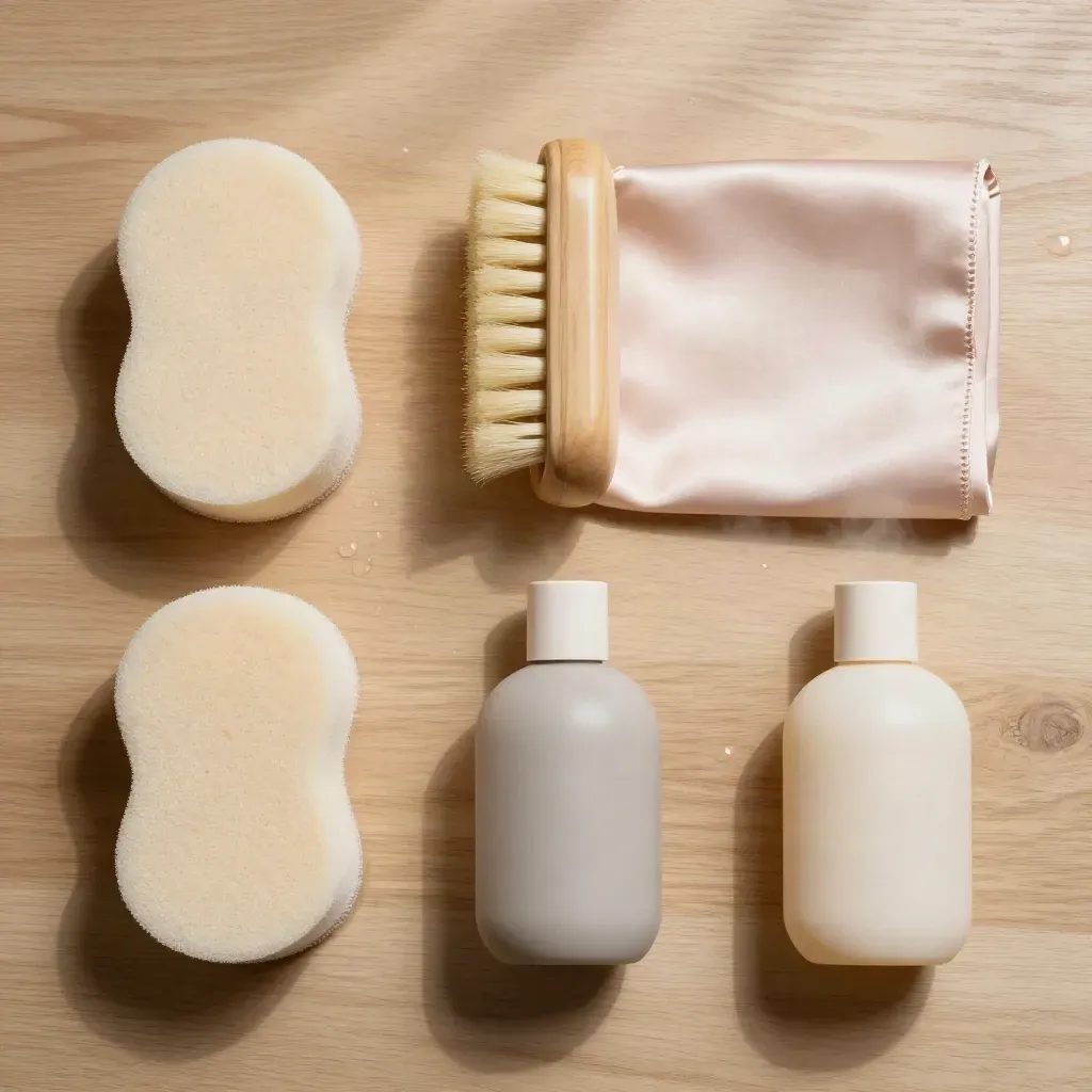 Kit bagnetto delicato con spugna, salvietta, spazzola e flaconi neutri su legno chiaro umido.