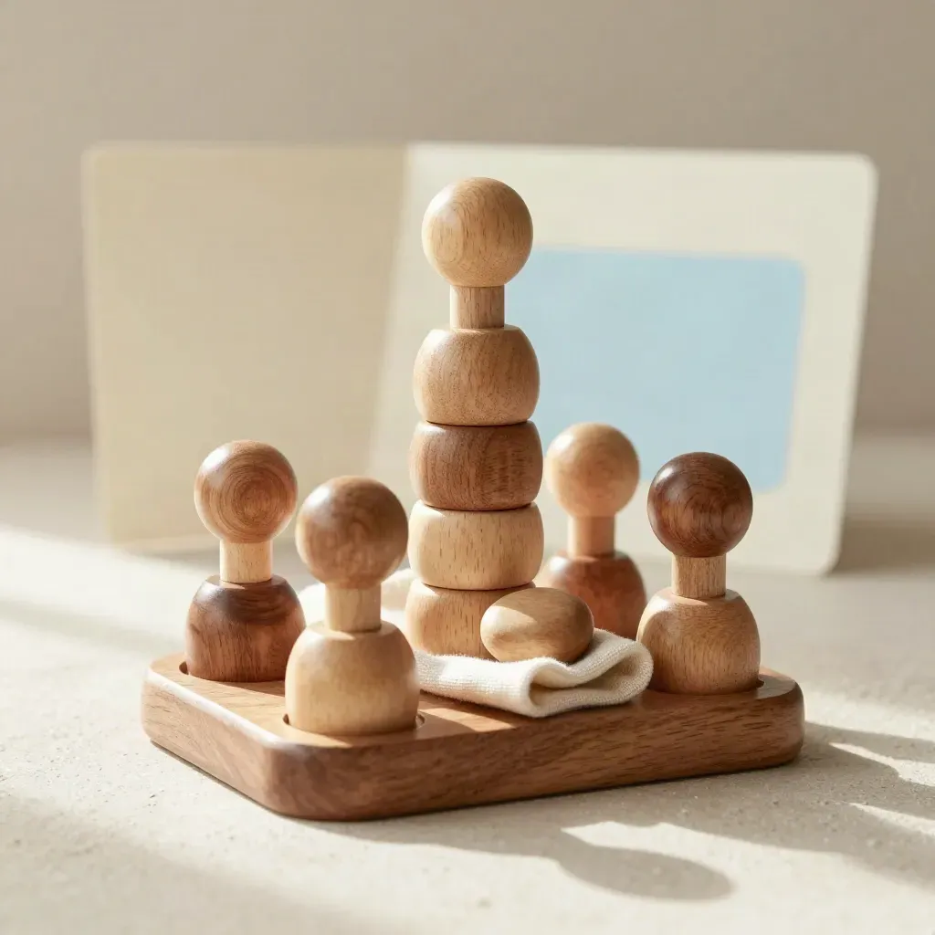 Gioco sensoriale in legno con anelli e sfere, su base in legno con sfondo morbido.