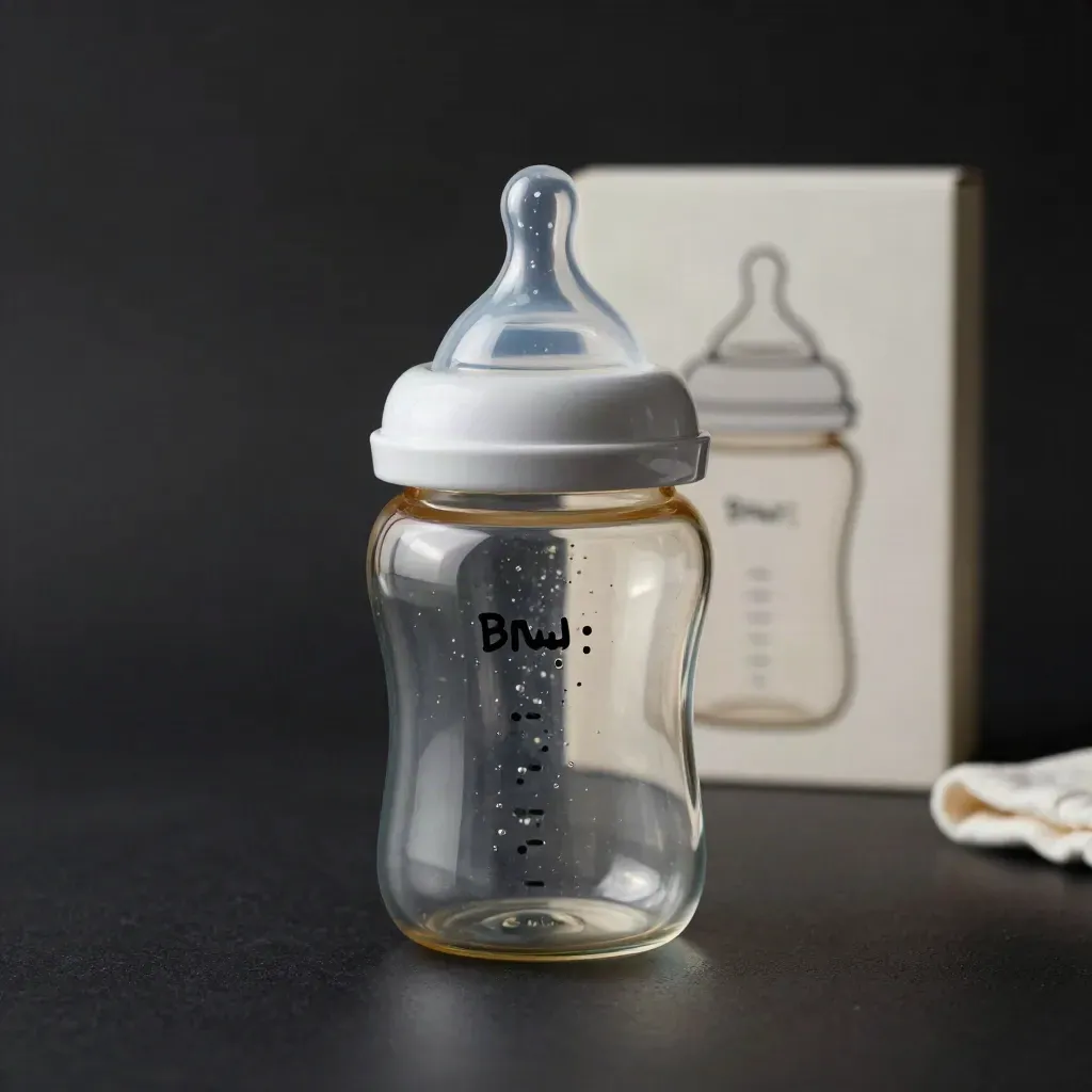 Biberon trasparente anti-colica su fondo nero, luce fredda e riflessi delicati.