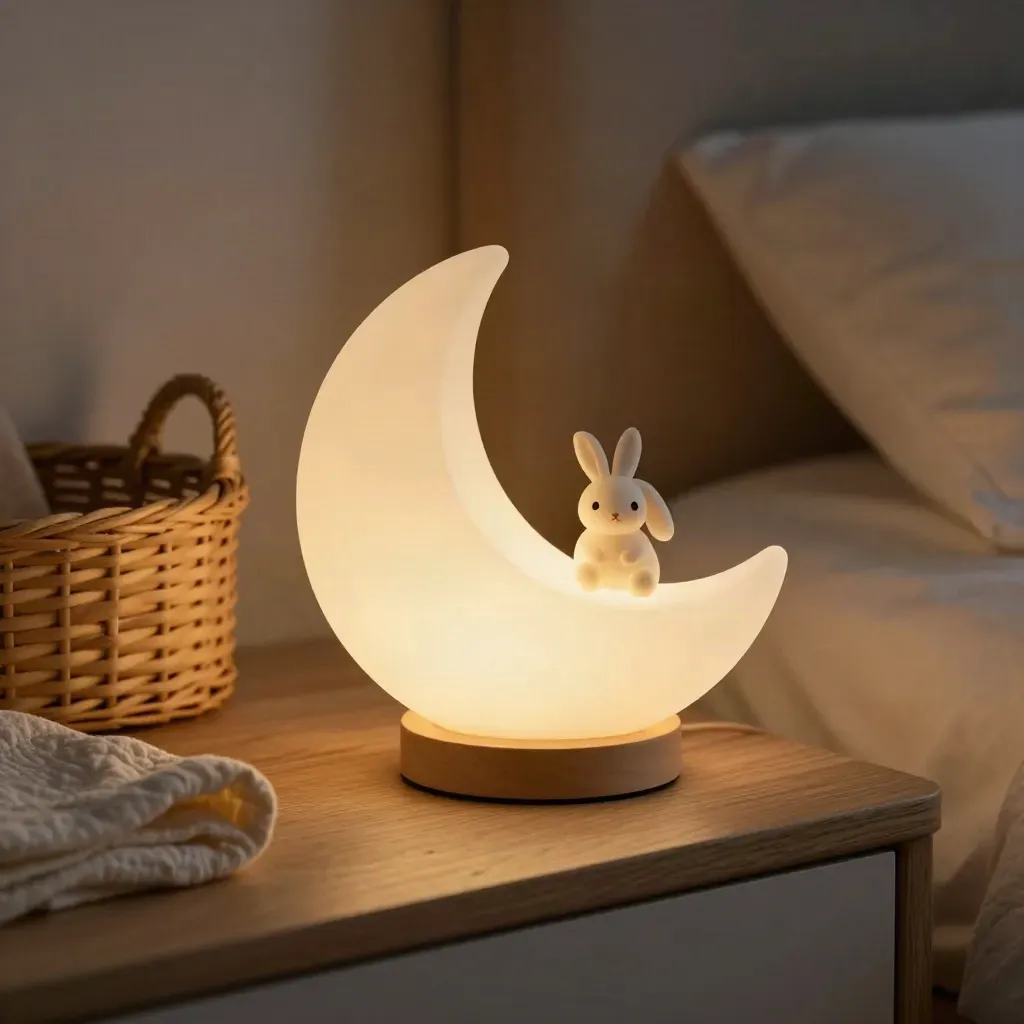 Lampada a forma di luna su comodino, con luce calda in una cameretta soffusa.