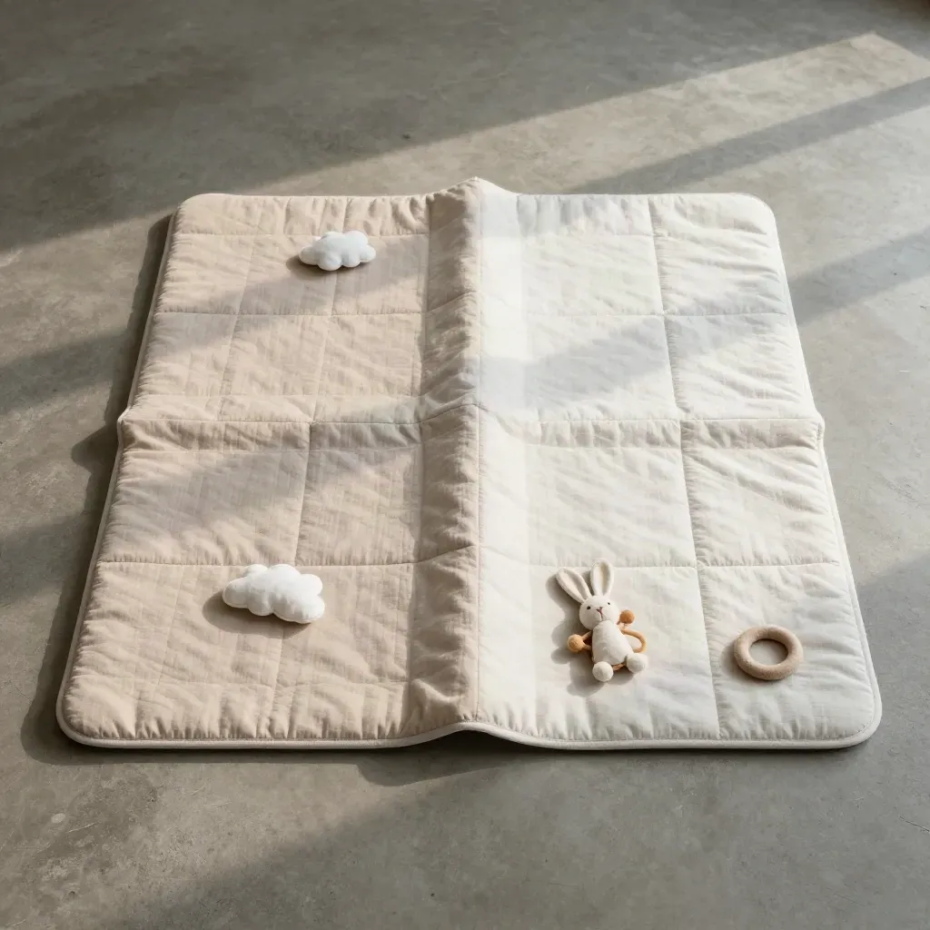 Flat lay dall'alto di tappetino gioco pieghevole a due lati con piccoli giochi tessili.