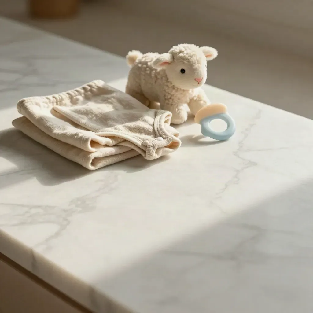 Angolo neonato su marmo chiaro con copertina, tutina e peluche morbido, luce del mattino