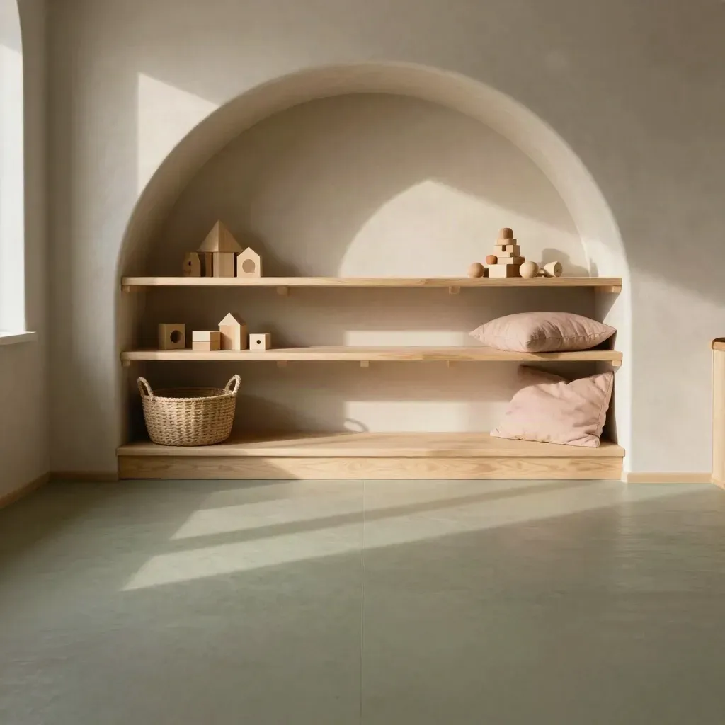 Spazio giochi con arco morbido, mensole in legno chiaro e blocchi naturali su fondo caldo.