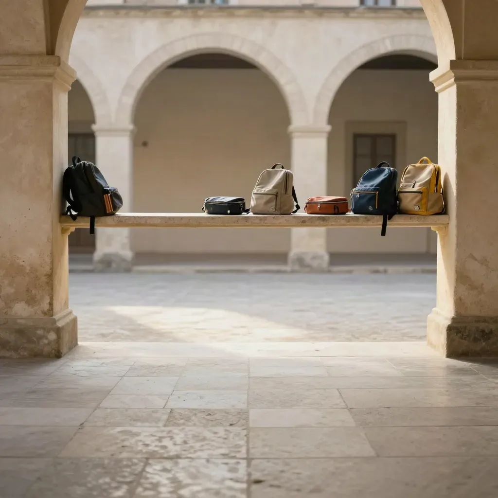 Cortile scolastico in pietra chiara con zainetti sfocati in alto e spazio calmo sotto.