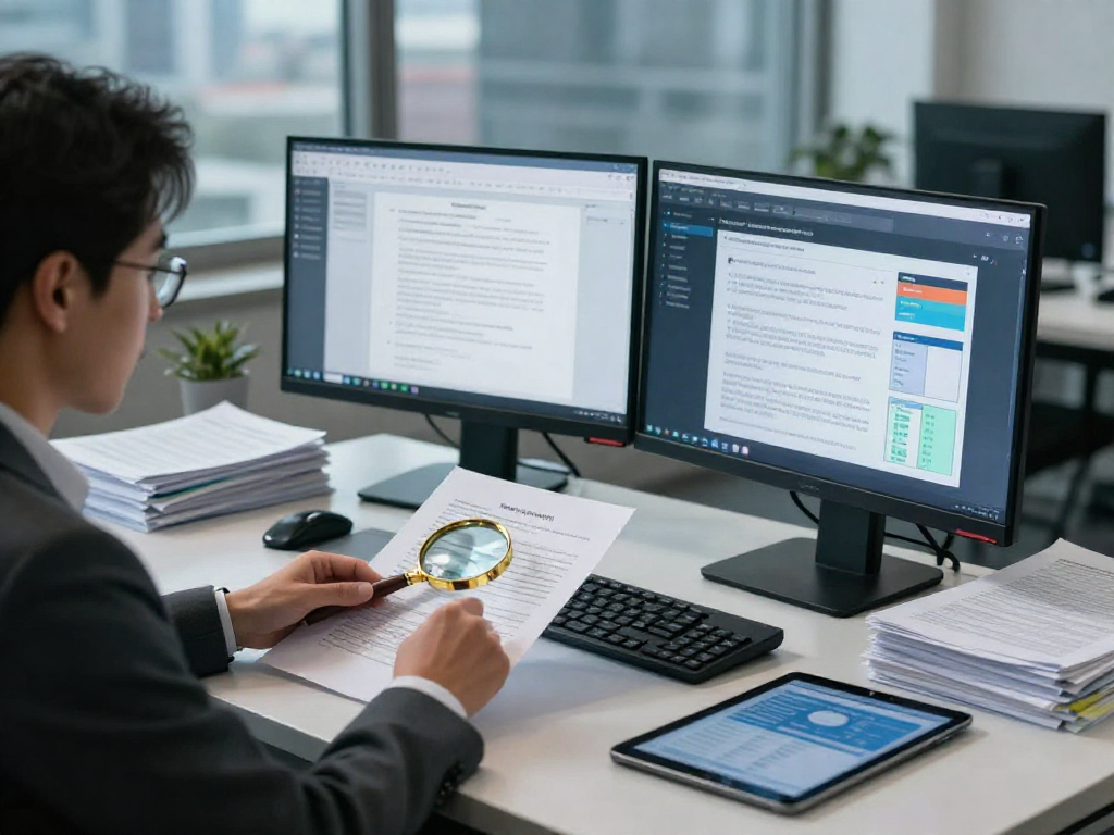 Analyst engaging in document fraud detection analysis at a modern office.