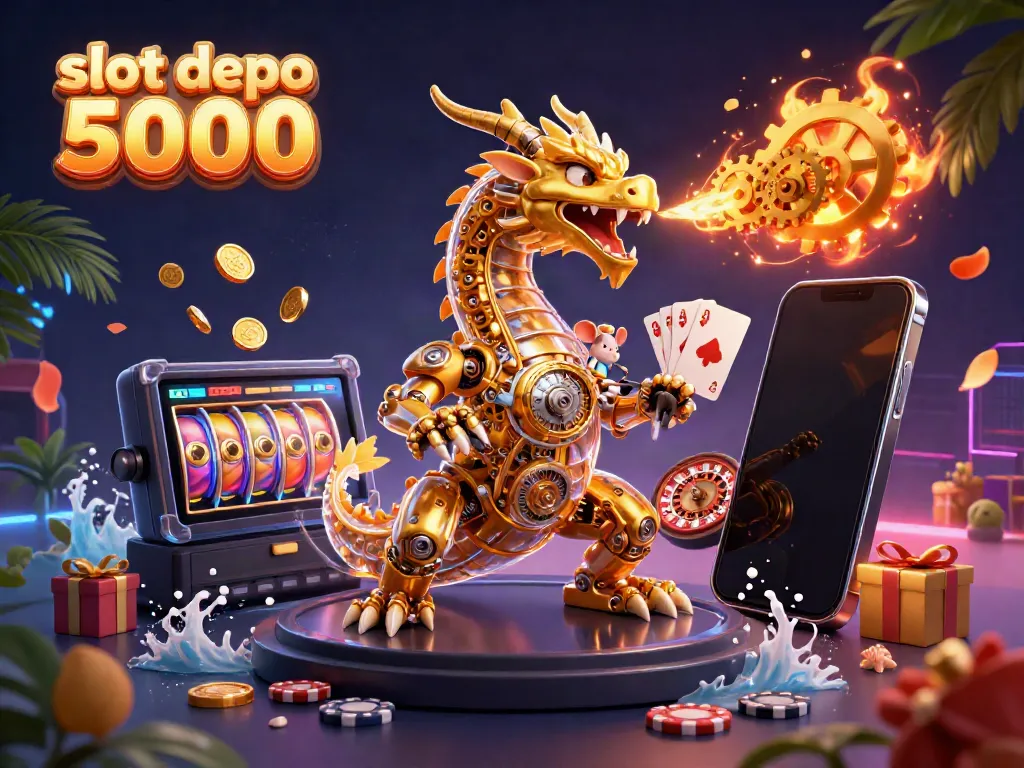 Experience thrilling spins with slot depo 5000 amidst a vibrant 3D casino fantasy scene.