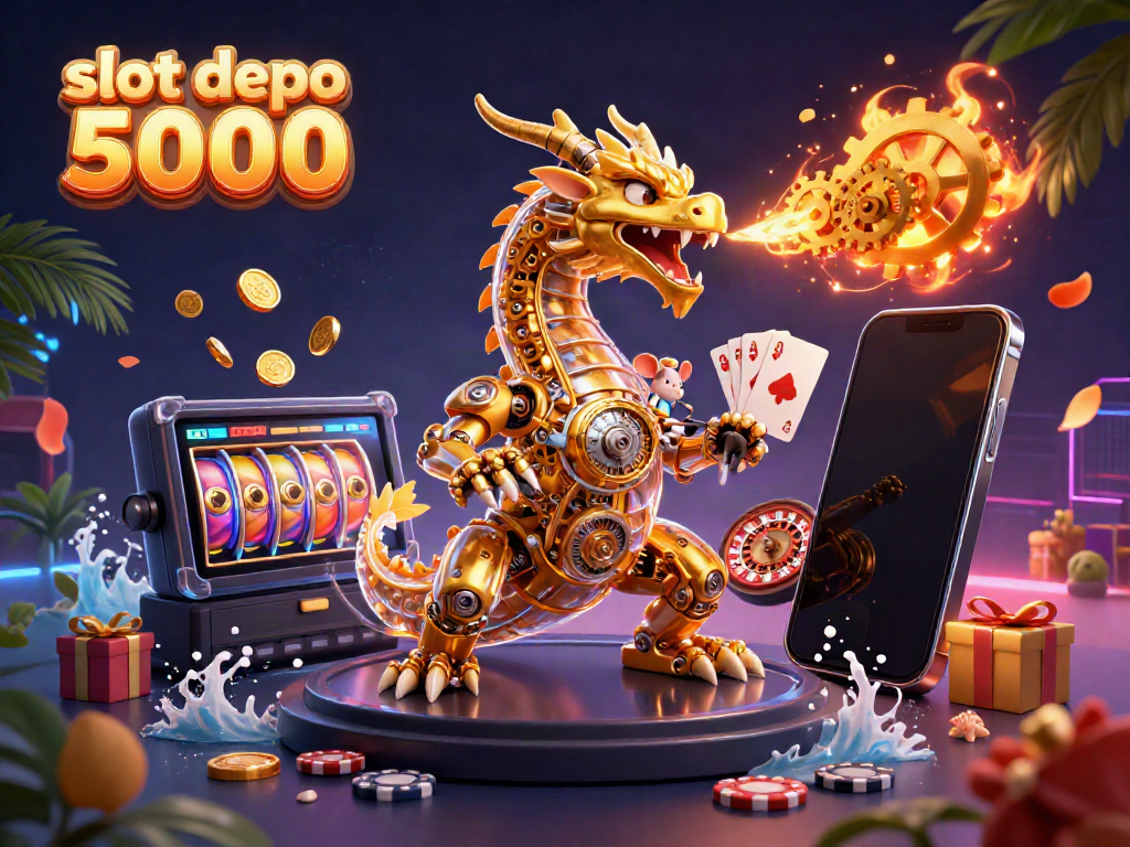 Experience thrilling spins with slot depo 5000 amidst a vibrant 3D casino fantasy scene.