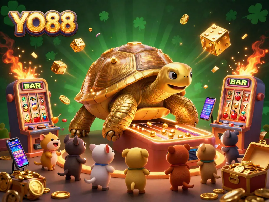 Experience the excitement of YO88 with thrilling slot machines and a golden tortoise pinball in action.